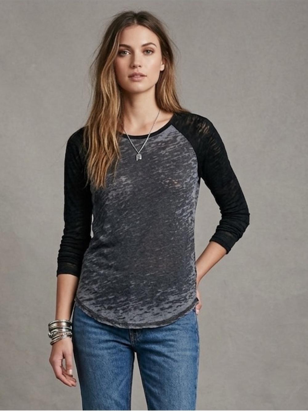 Monrow Gray And Black Raglan Sleeve Burn Out Top